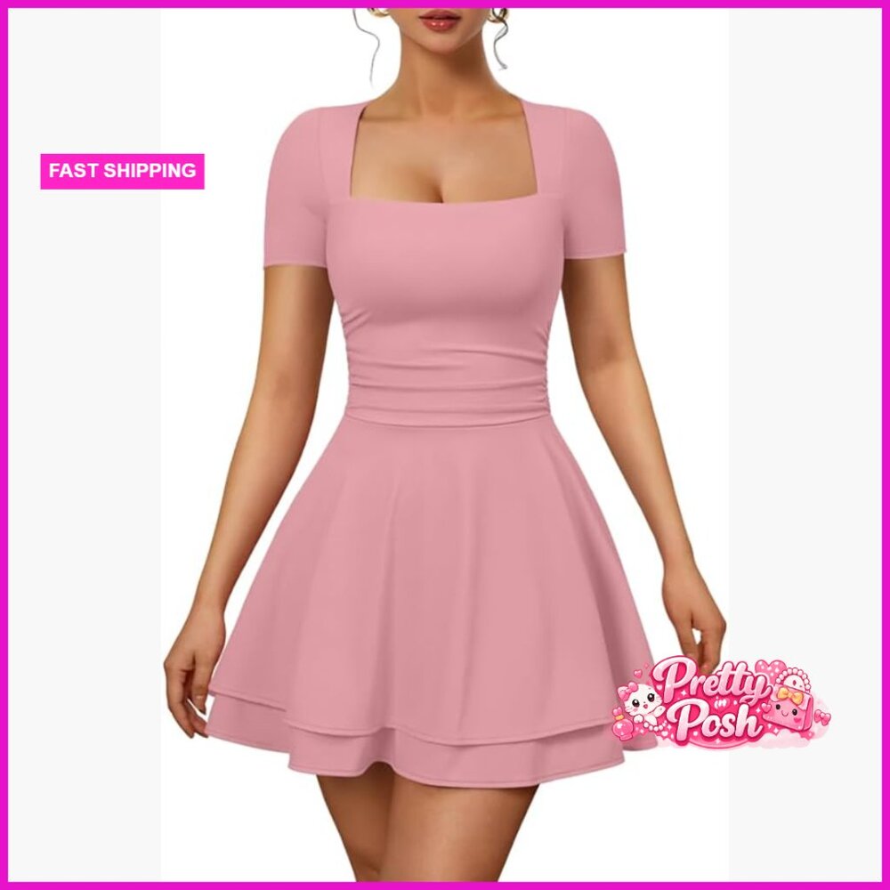 Polyester Blend Square Neck Ruched Mini Dress Sho… - image 1